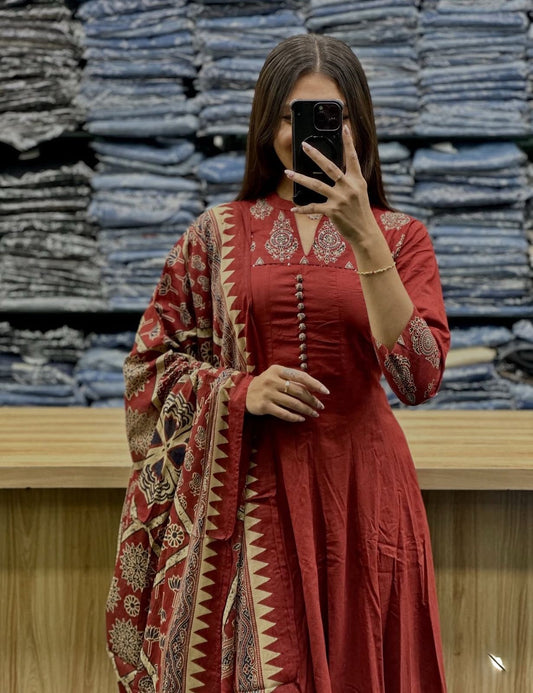 Flared Cotton Anarkali Kurta Set with Kantha Work & Dupatta