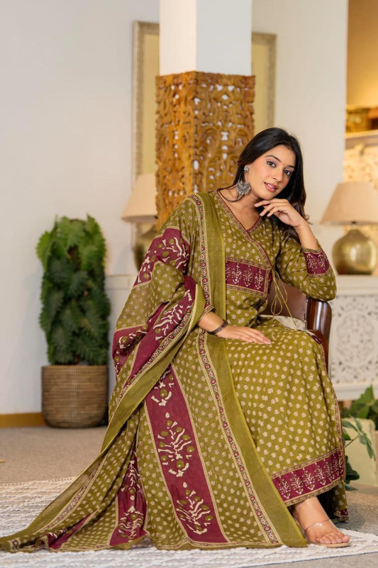 Flared Cotton Anarkali Kurta Set with Printed Pant & Dupatta
