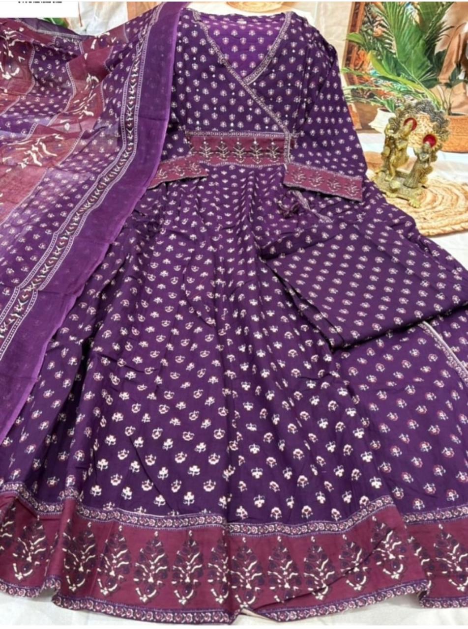 Flared Cotton Anarkali Kurta Set with Printed Pant & Dupatta