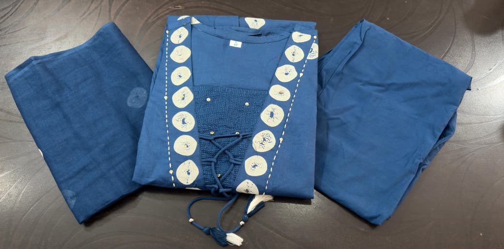 Flared Cotton Discharge Print Kurti Pant Set with Malmal Dupatta