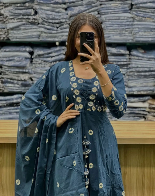 Flared Cotton Discharge Printed Kurti Set with Pant & Malmal Dupatta