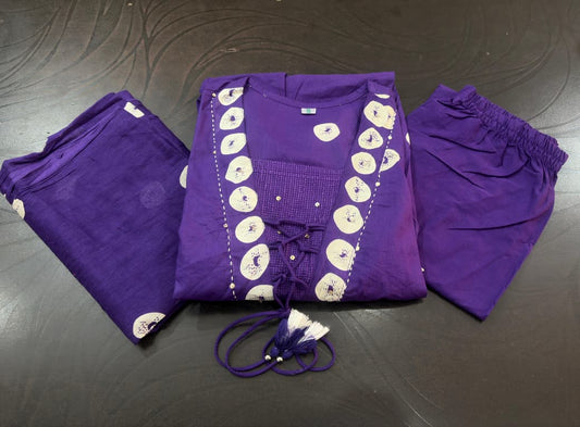 Flared Cotton Discharge Printed Kurti Set with Pant & Malmal Dupatta