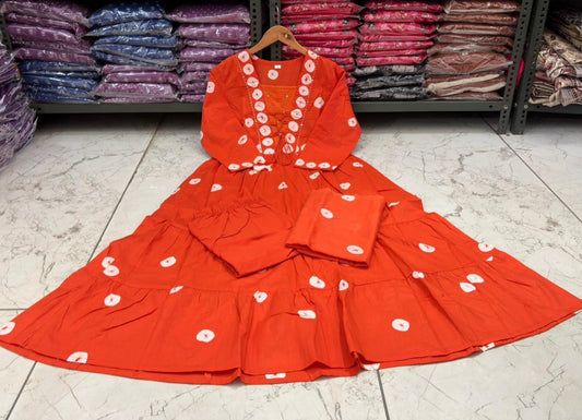 Flared Cotton Discharge Printed Kurti Set with Pant & Malmal Dupatta