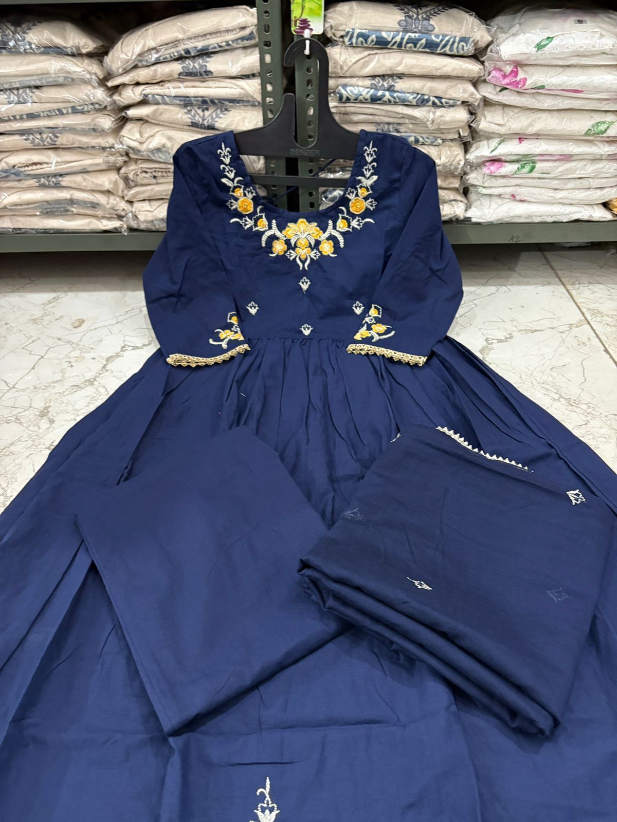 Flared Cotton Kurti Set with Embroidery & Malmal Dupatta