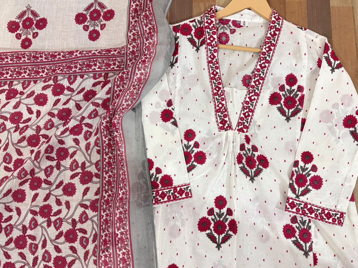 Floral A-Line Cotton Kurti Pant Dupatta Set