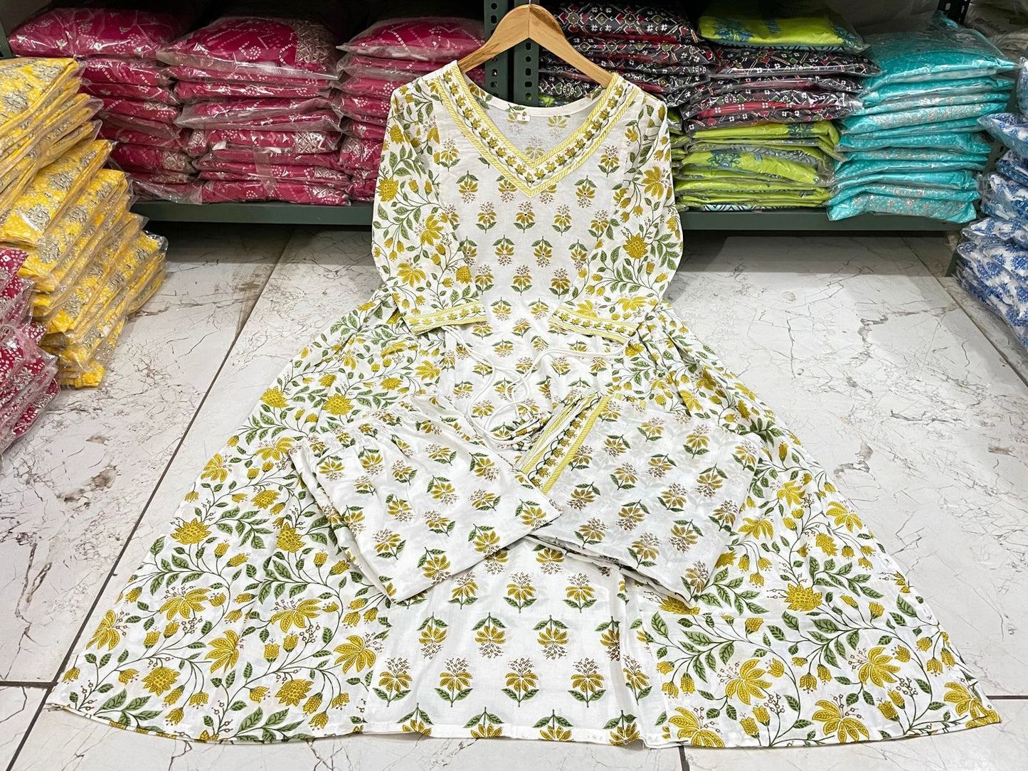 Floral Afghani Cotton Suit Set with Dupatta & Tassel Detailing