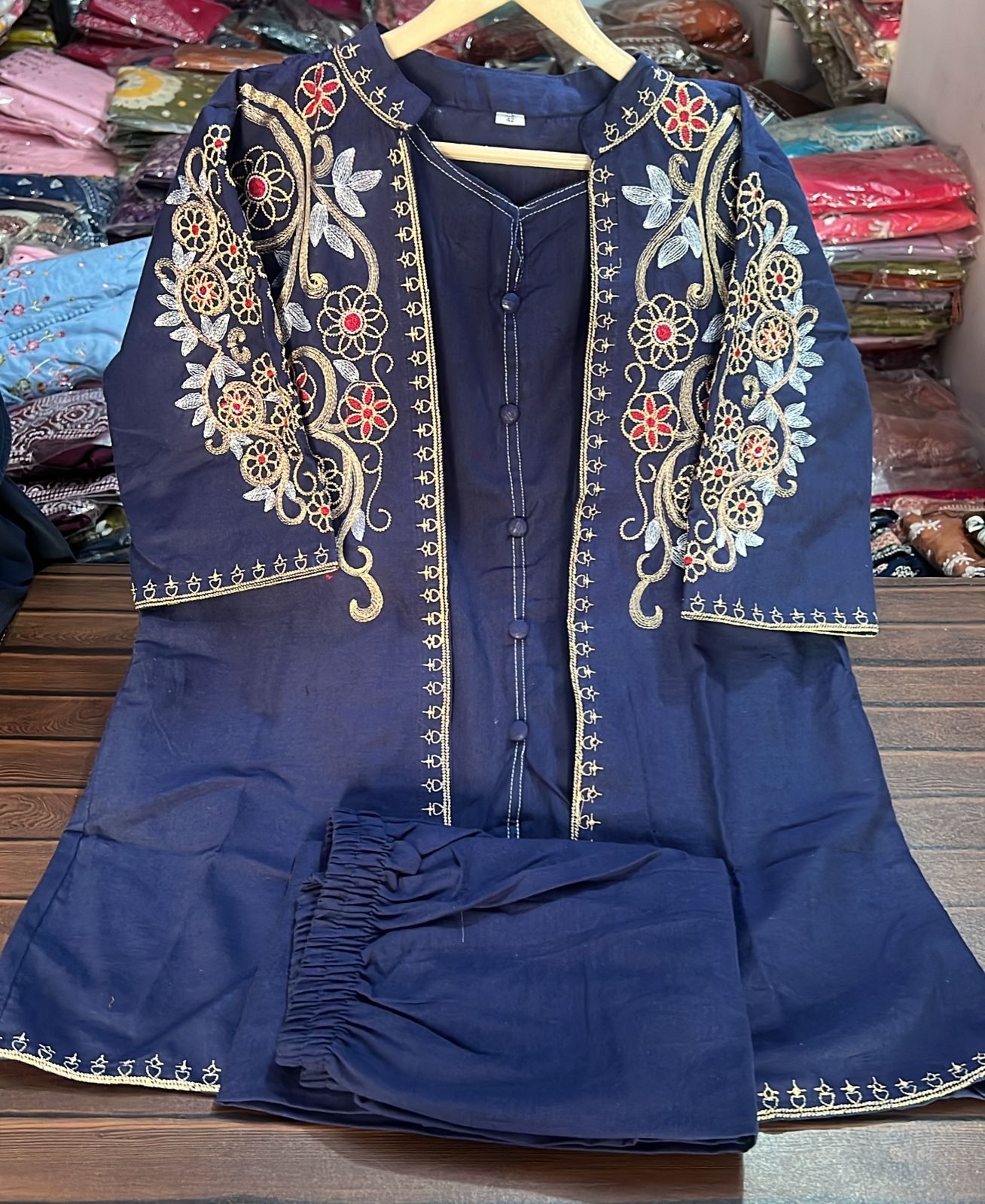 Floral Embroidered Cotton Flex Jacket Top, Inner & Straight Trouser Set | 3-Piece