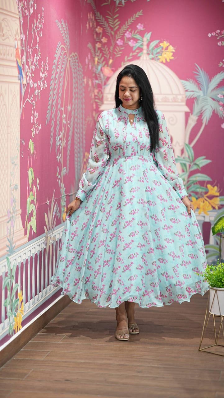 Floral Print Alfino Chiffon Dress with Lining Elegant 48 Inch – Sukriti Store