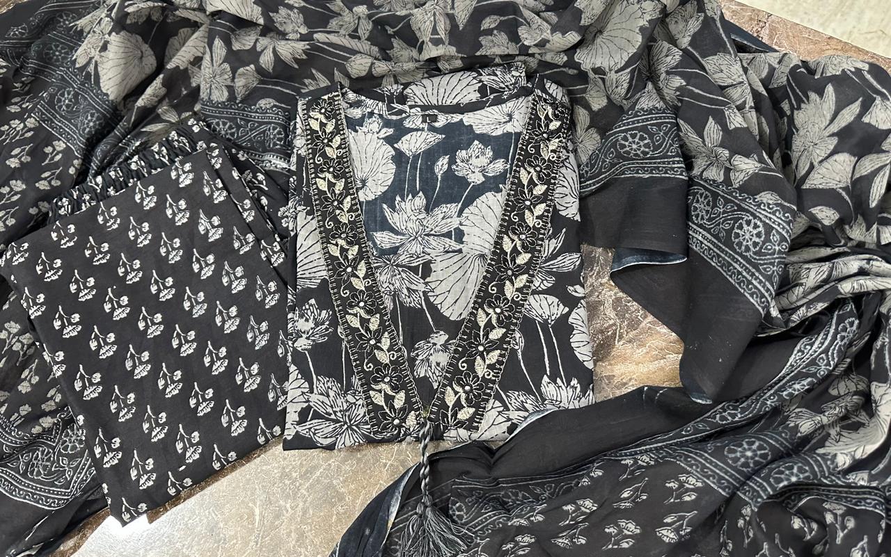 Floral Print Cotton Kurta Pant Suit Set with Embroidery & Dupatta