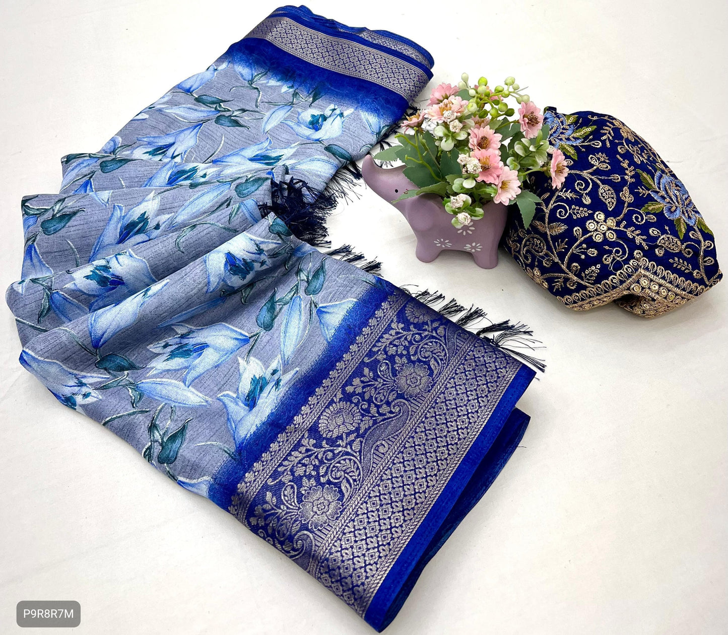 Floral Print Dola Silk Saree with Zari Border & Embroidered Blouse