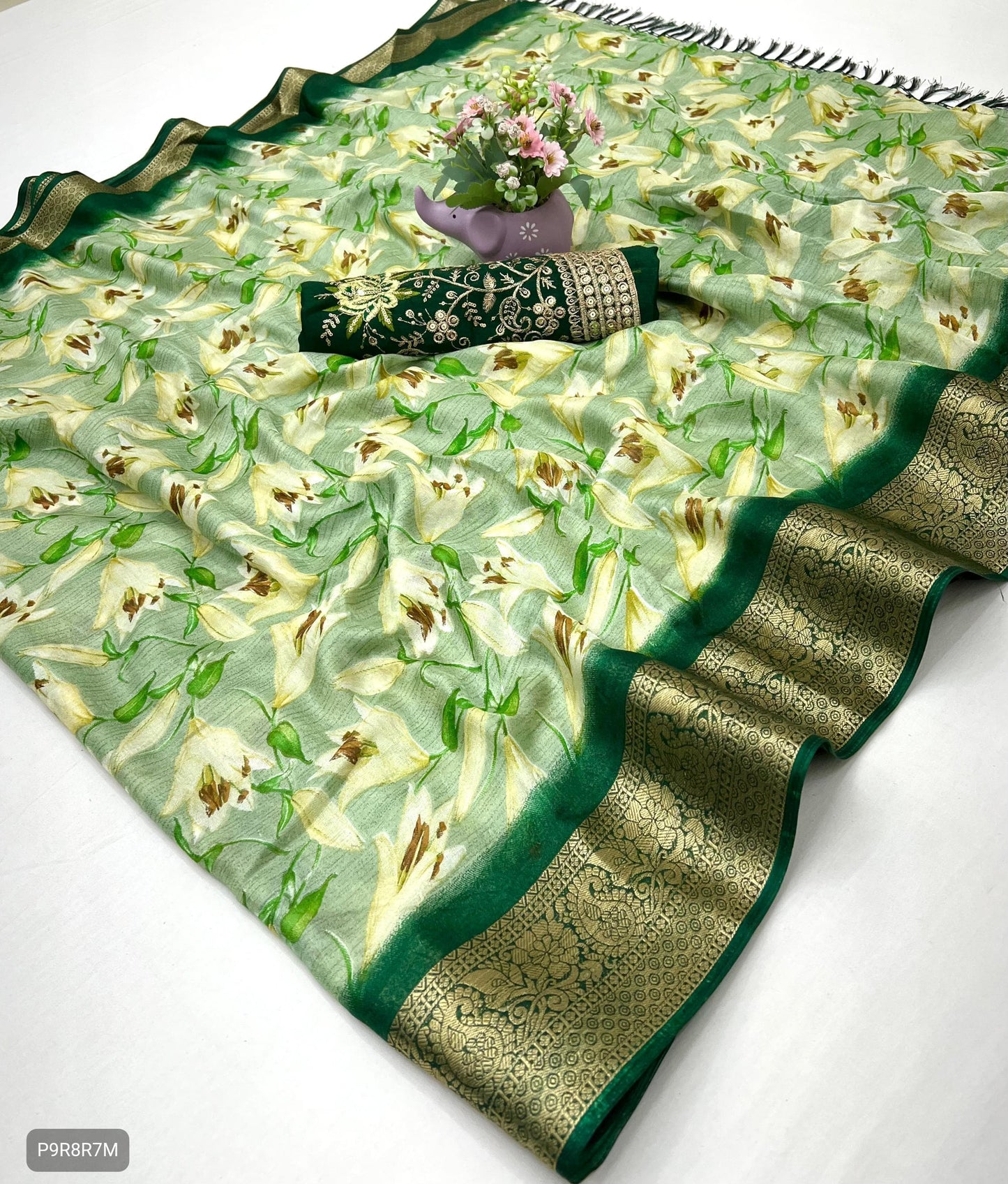 Floral Print Dola Silk Saree with Zari Border & Embroidered Blouse