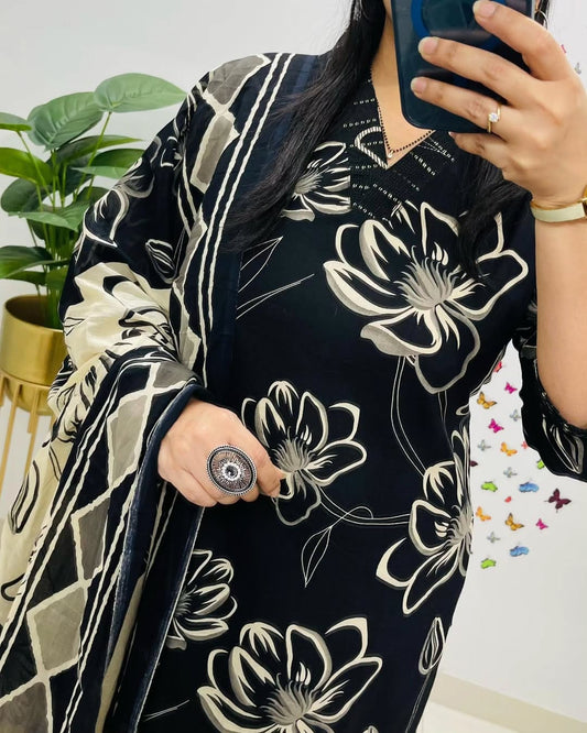 Floral Printed Cotton Kurti Set with Embroidery & Dupatta