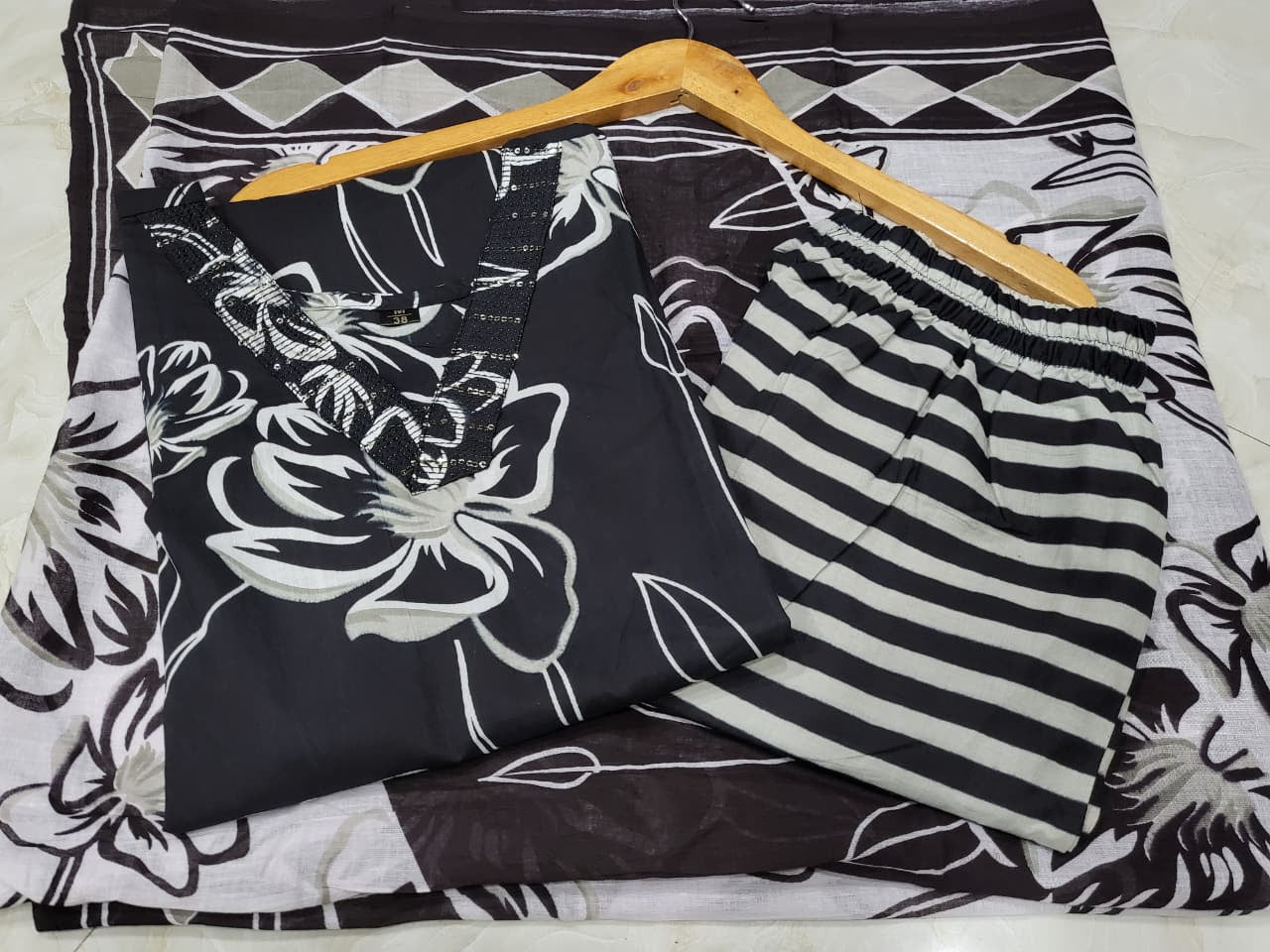 Floral Printed Cotton Kurti Set with Embroidery & Dupatta