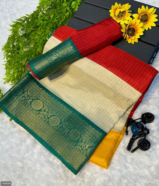 Flower Dola Silk Saree with Jacquard Border & Running Blouse