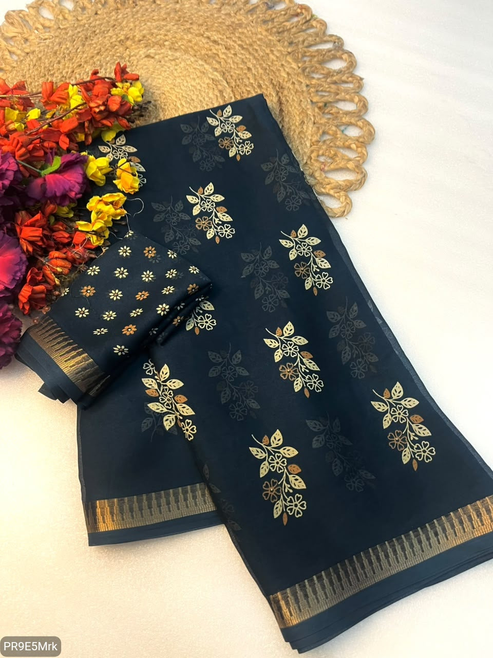 Flower Marshmallow Georgette Jacquard Weaving Saree with Running Blouse