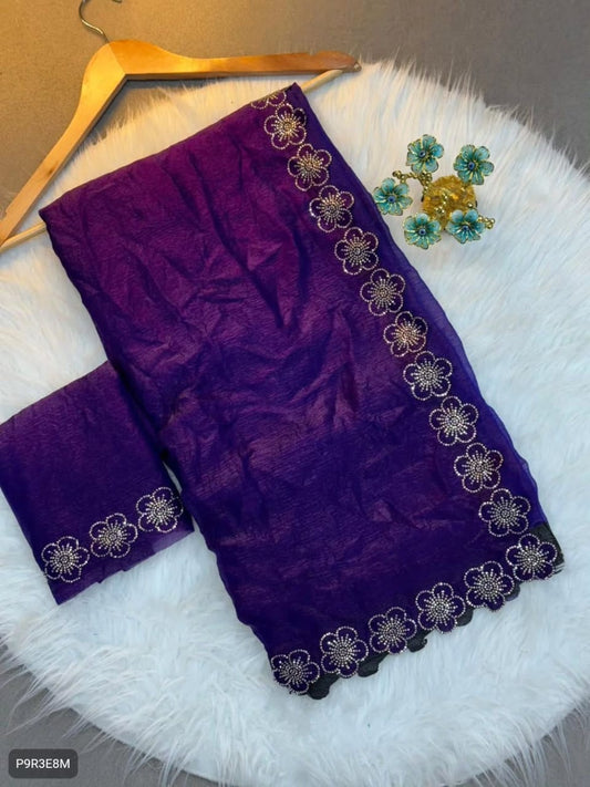 Flower Port Cut Dana Diamond Work Saree in Space Silk with Matching Blouse