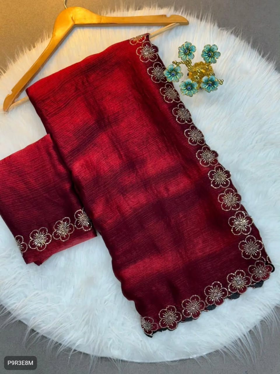 Flower Port Cut Dana Diamond Work Saree in Space Silk with Matching Blouse