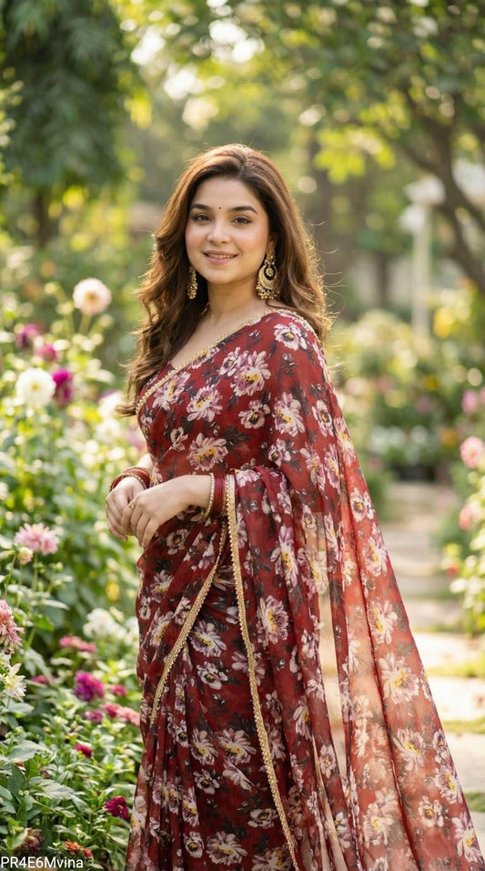 Georgette Digital Print Saree with Pearl Lace Border & Blouse