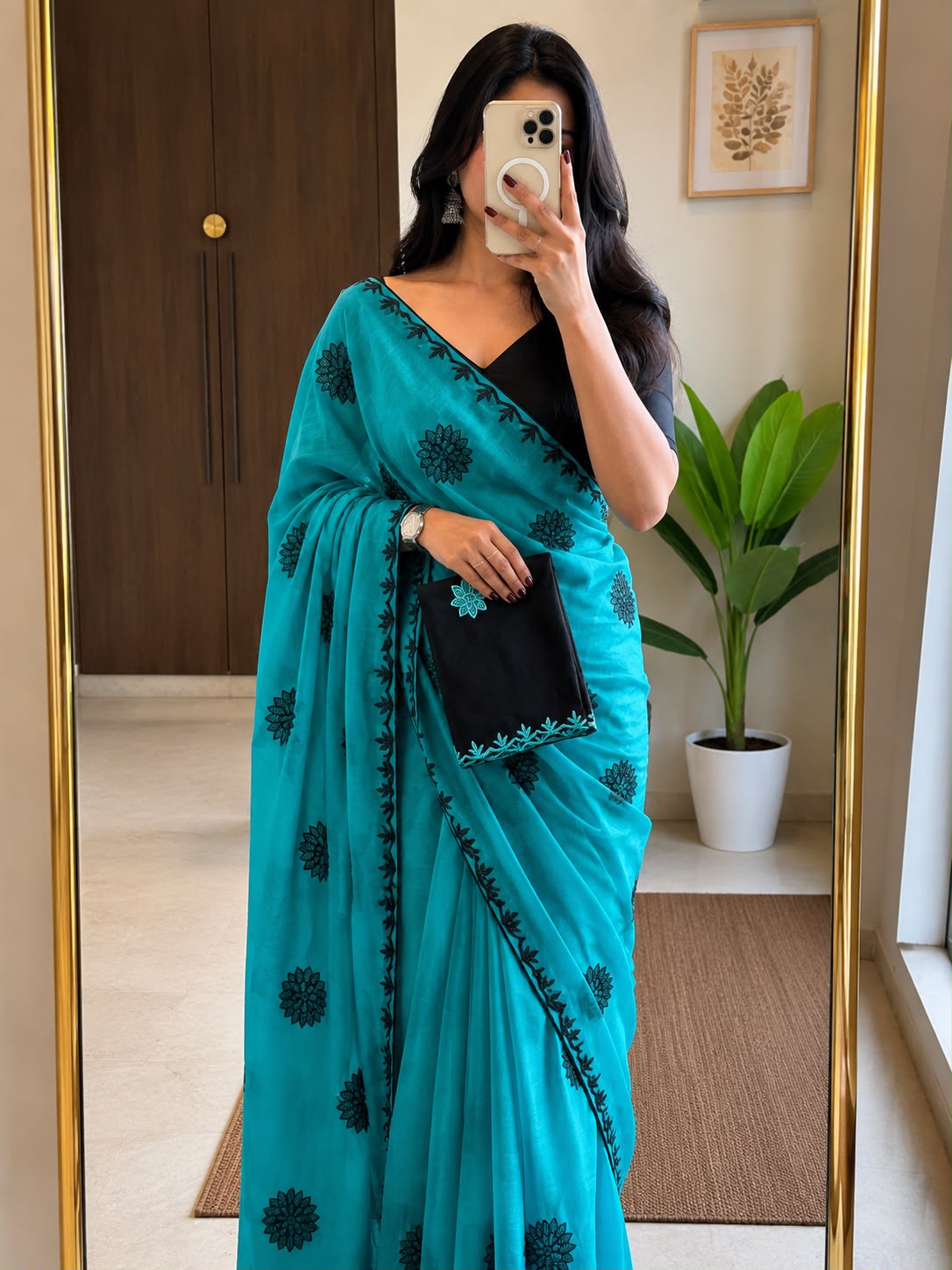 Georgette Embroidered Work Saree With Contrast Blouse