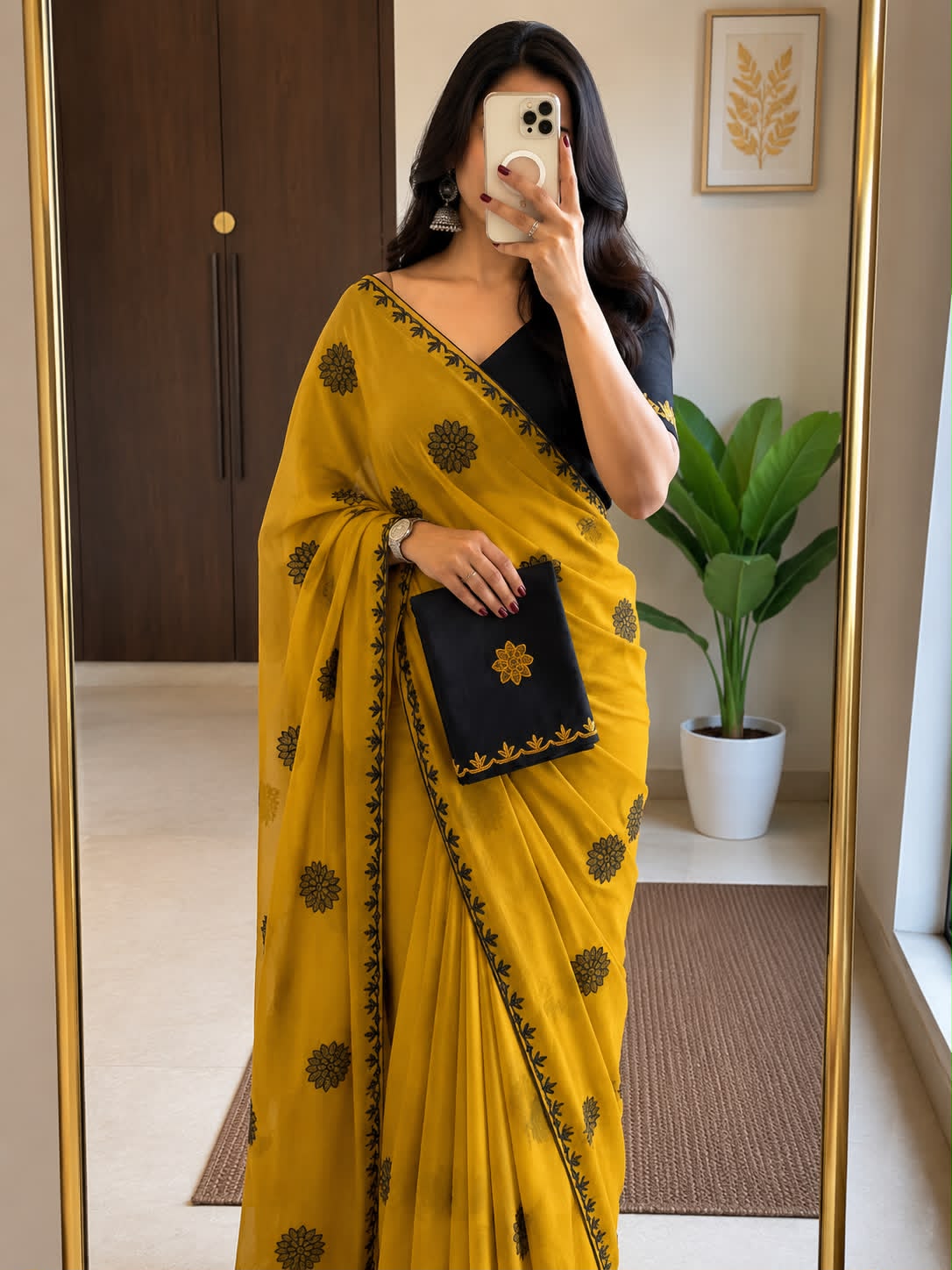 Georgette Embroidered Work Saree With Contrast Blouse