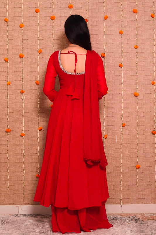 Georgette Mirror Lace Gown Palazzo Dupatta Set – Fully Stitched