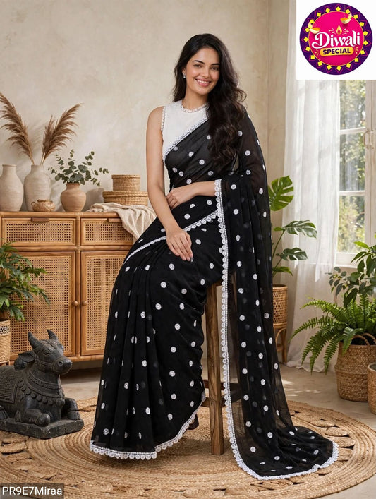 Georgette Saree with White Thread Embroidery and Art Silk Blouse