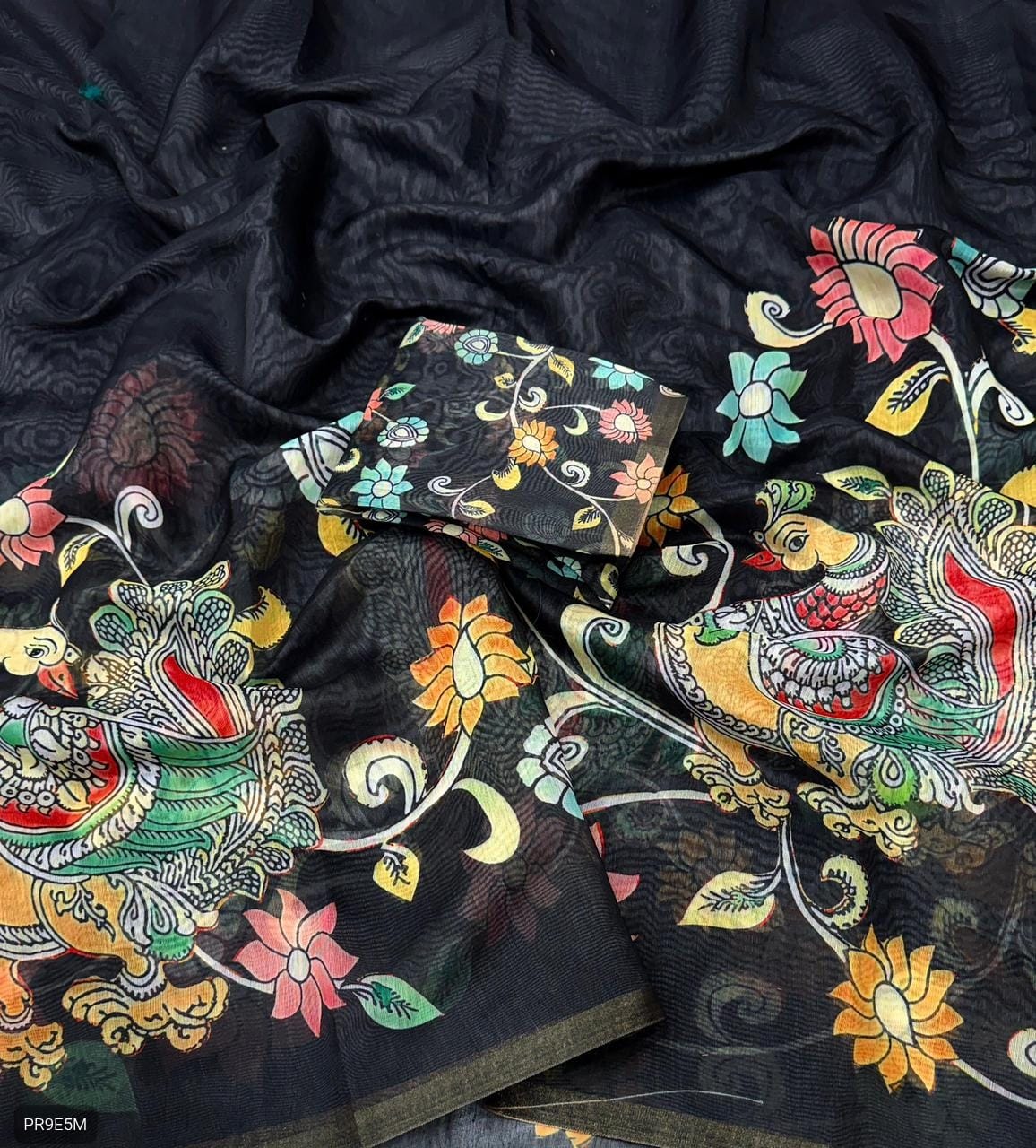 Gold Chanderi Kalamkari Blooming Saree with Peacock Digital Print & Tassels