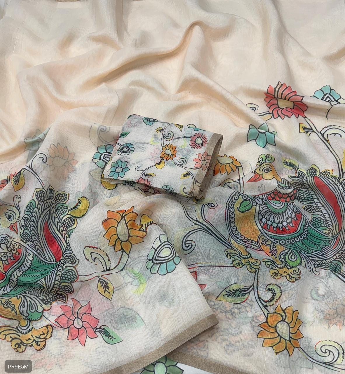 Gold Chanderi Kalamkari Blooming Saree with Peacock Digital Print & Tassels