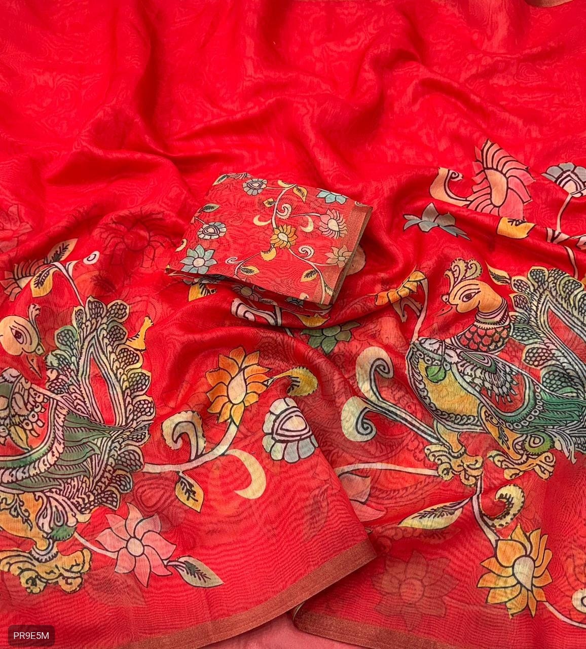 Gold Chanderi Kalamkari Blooming Saree with Peacock Digital Print & Tassels