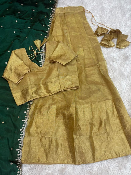Golden Kanchipuram Banarasi Tissue Silk Half Saree