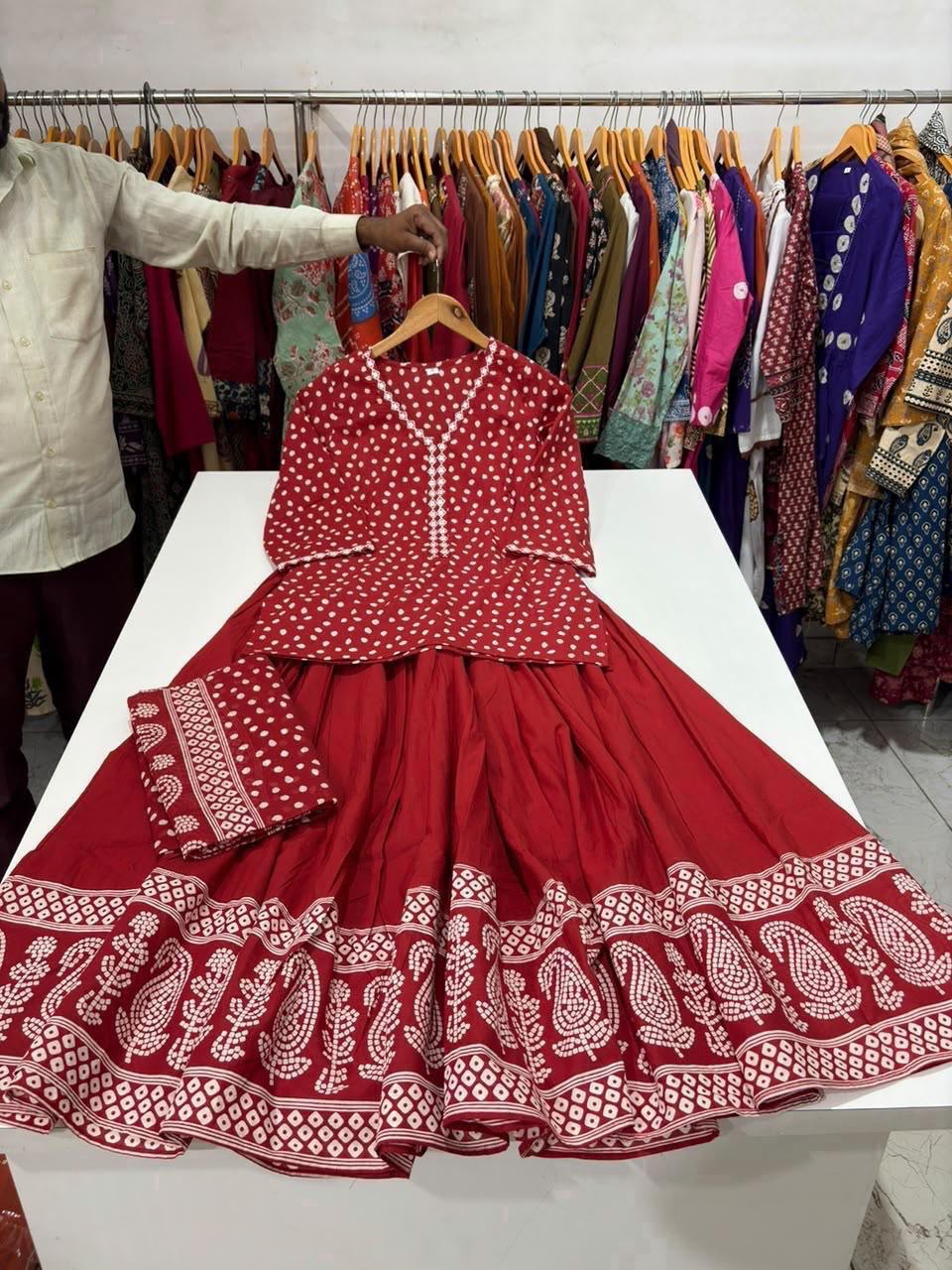 Gopi Dress in Cotton 60×60 with Printed Flared Skirt & Dupatta