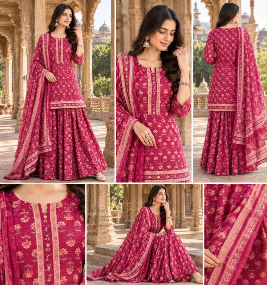 Gopi Style Cotton Kurti Skirt Set with Printed Dupatta
