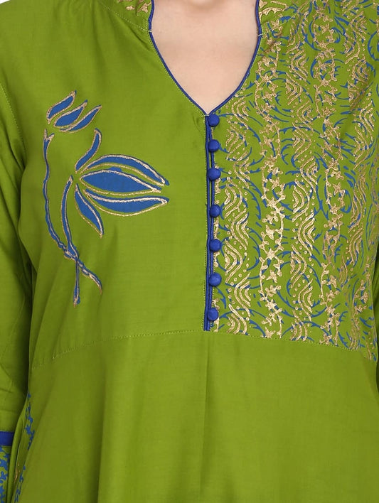 Green Anarkali Kurta with Blue & Gold Detailing – 48” Length