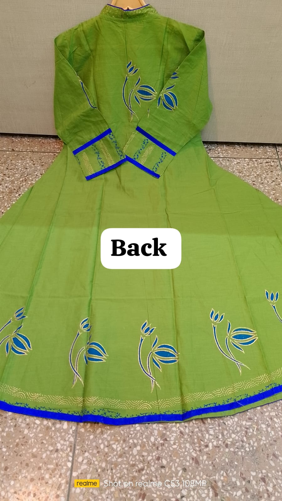 Green Anarkali Kurta with Blue & Gold Detailing – 48” Length