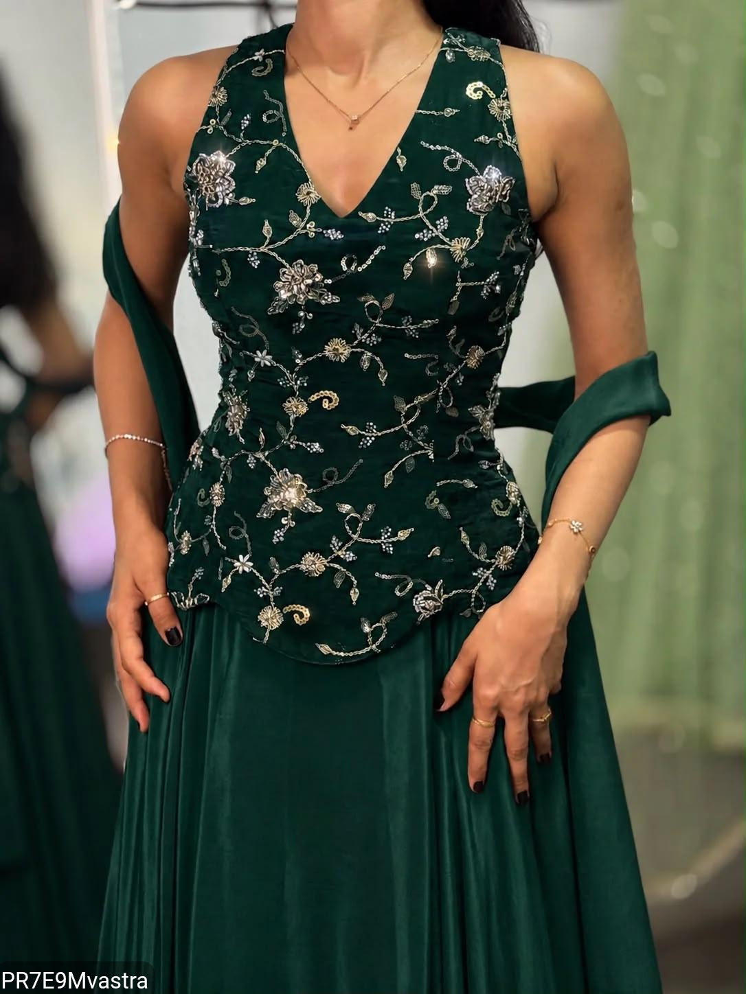 Green Indo-Western Beadwork Top Skirt & Dupatta Set | 3-Piece Set