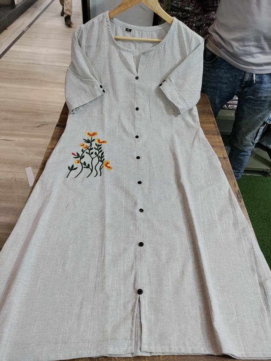 Handloom Cotton Embroidered Kurti with Front Buttons & Pocket