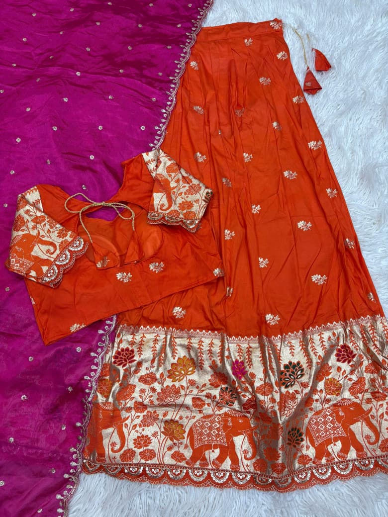 Jacquard Border Cutwork Full-Stitched Lehenga Choli with Dupatta