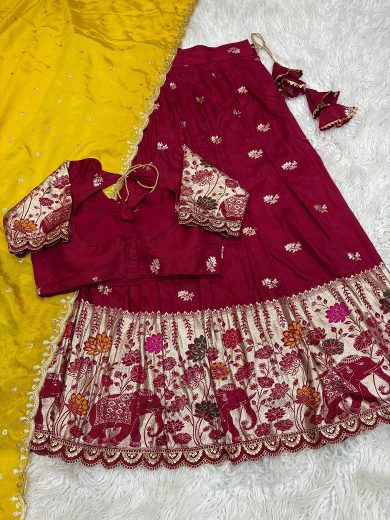 Jacquard Border Cutwork Full-Stitched Lehenga Choli with Dupatta