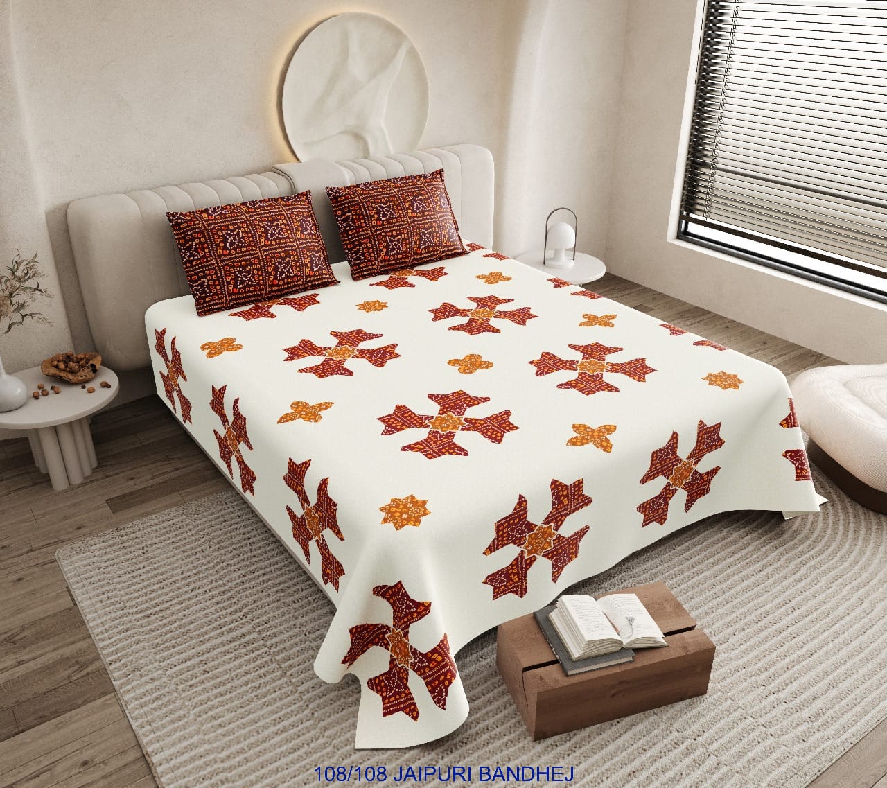Jaipuri Bandhej Cotton Autoloom King Size Bedsheet with 2 Pillow Covers