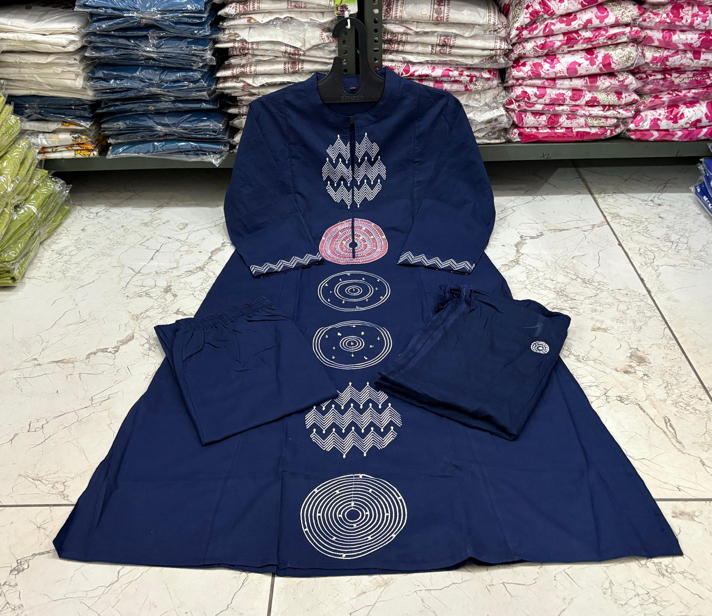 Jaipuri Cotton A-Line Suit Set with Embroidery & Sequins Work