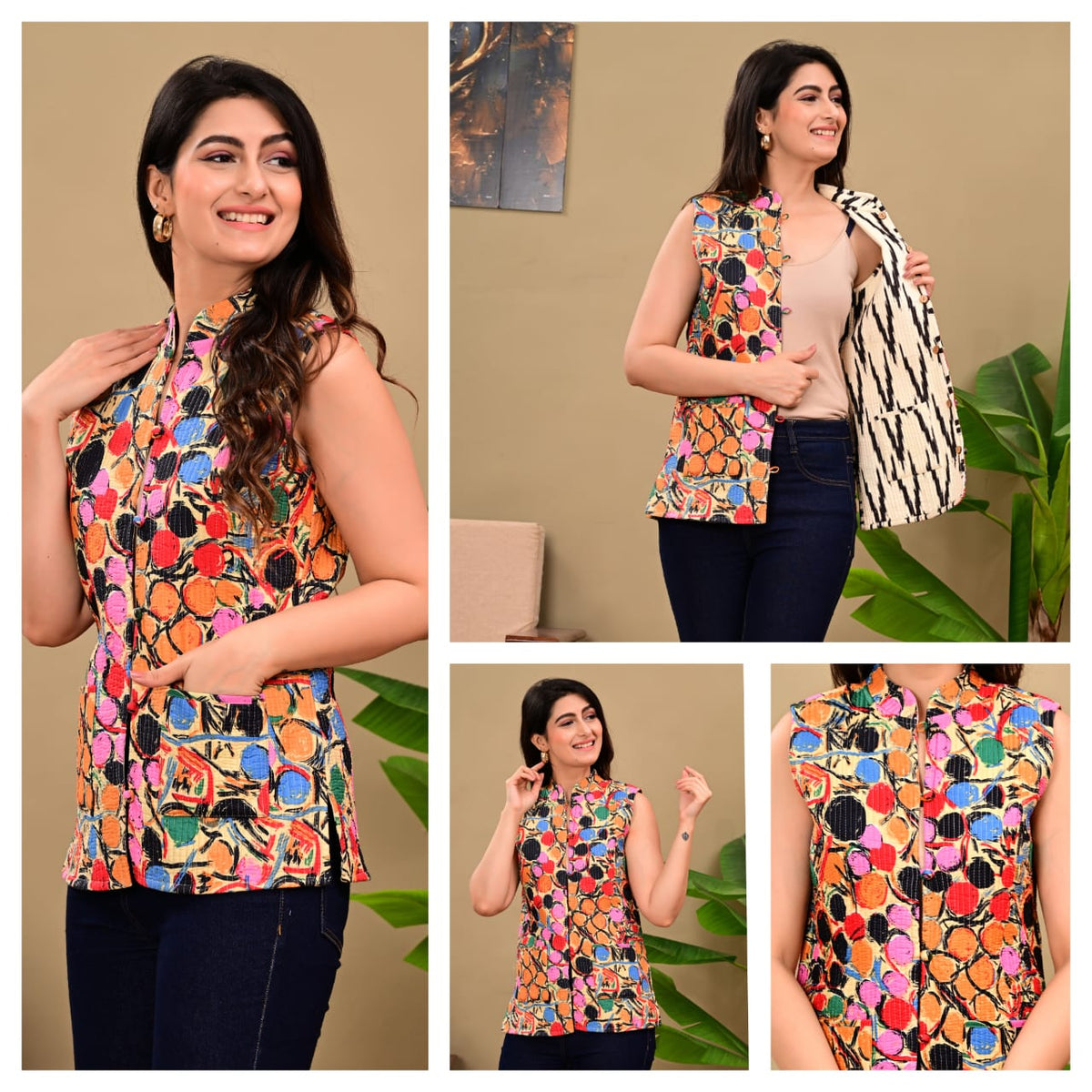 Jaipuri Cotton Quilted Reversible Jacket with Pockets