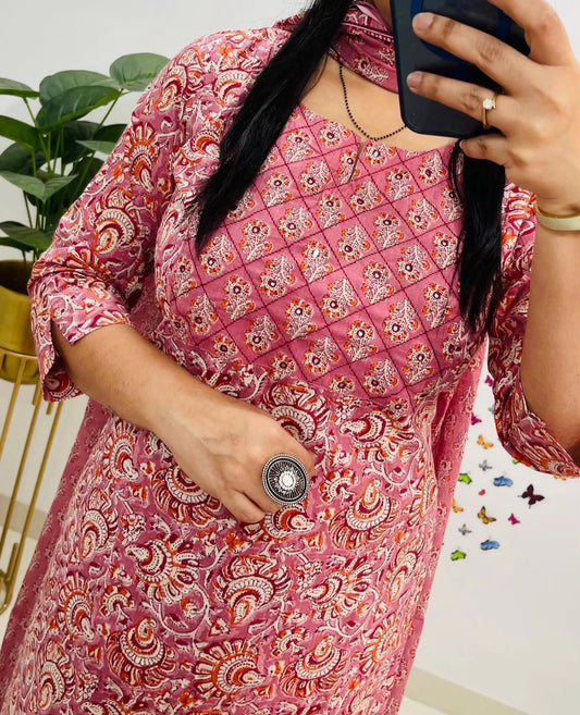 Jaipuri Floral Printed Cotton Suit Set with Kurti Pant Dupatta