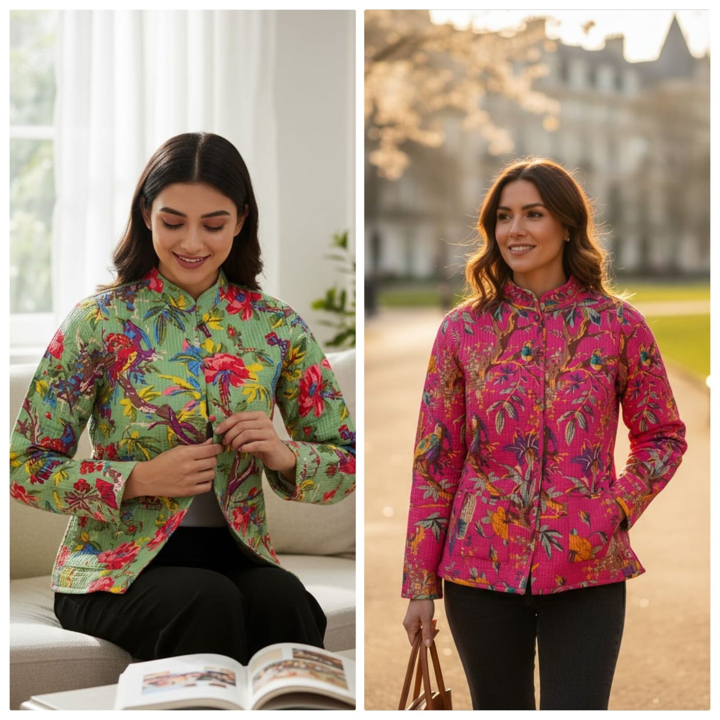 Jaipuri Quilted Reversible Cotton Jacket for Women | Round Neck | 28 Inch