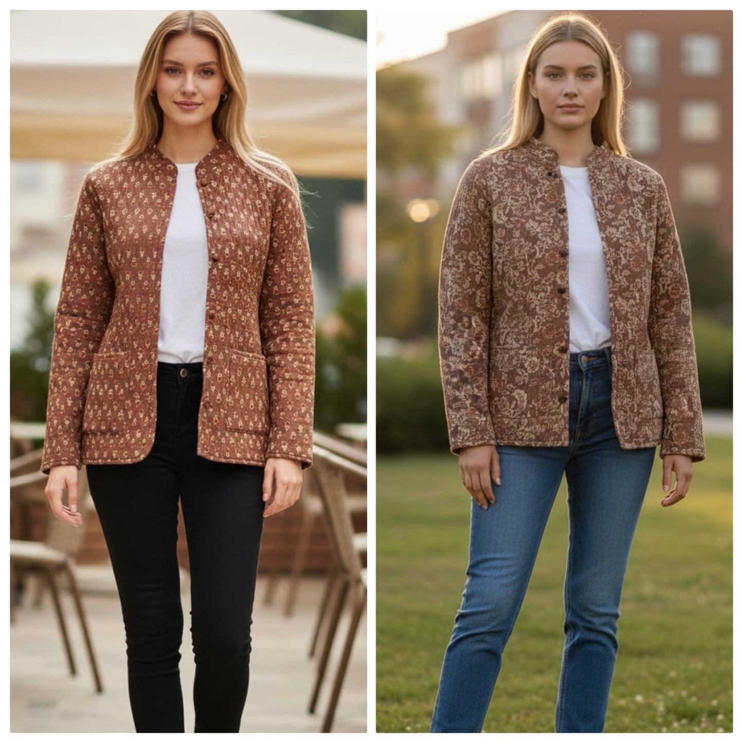 Jaipuri Quilted Reversible Cotton Jacket for Women | Round Neck | 28 Inch