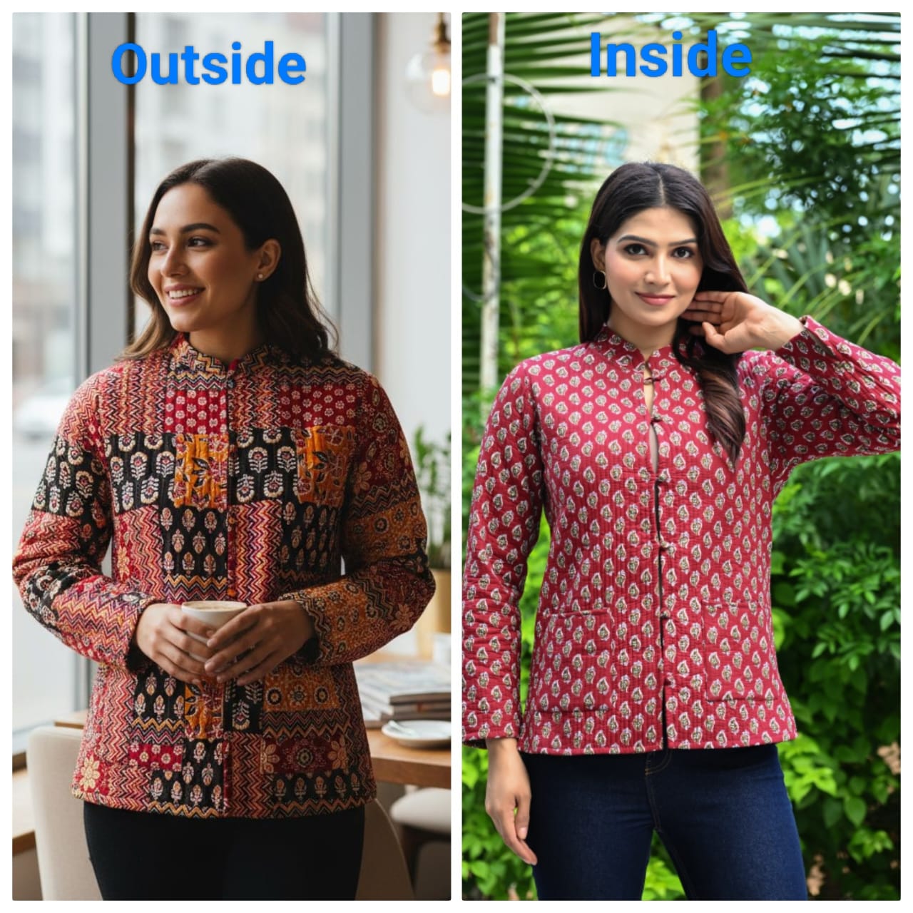 Jaipuri Quilted Reversible Cotton Jacket for Women | Round Neck | 28 Inch