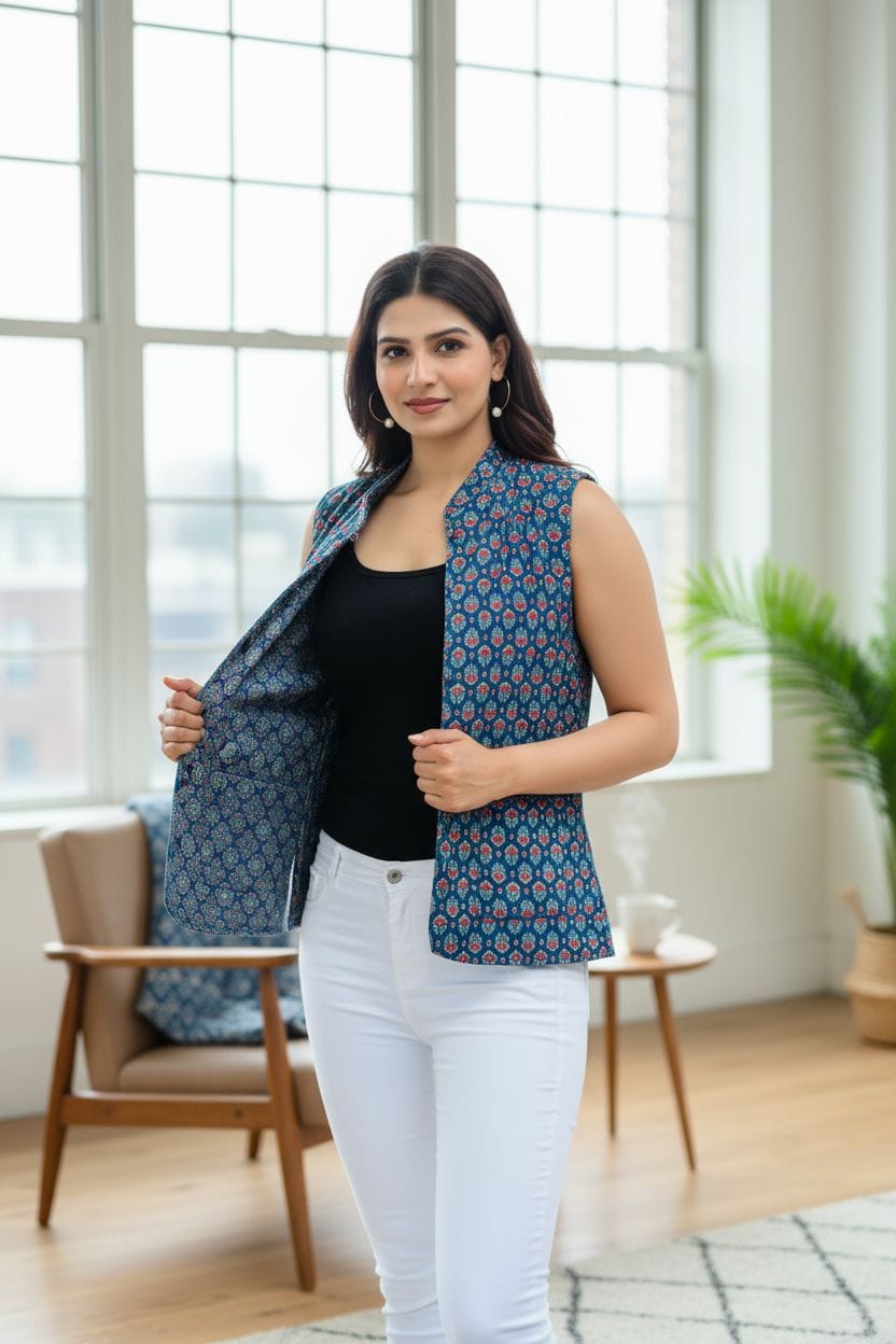 Jaipuri Quilted Reversible Cotton Jacket with Kapas Filling – 28 Inches