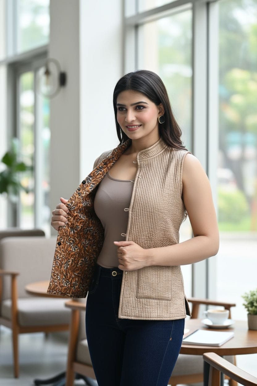 Jaipuri Quilted Reversible Cotton Jacket with Kapas Filling – 28 Inches