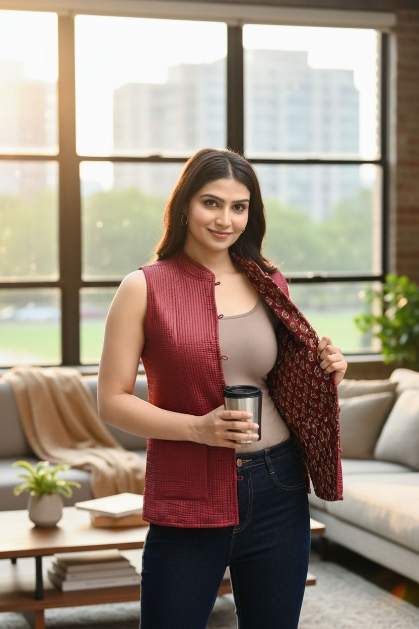 Jaipuri Quilted Reversible Cotton Jacket with Kapas Filling – 28 Inches