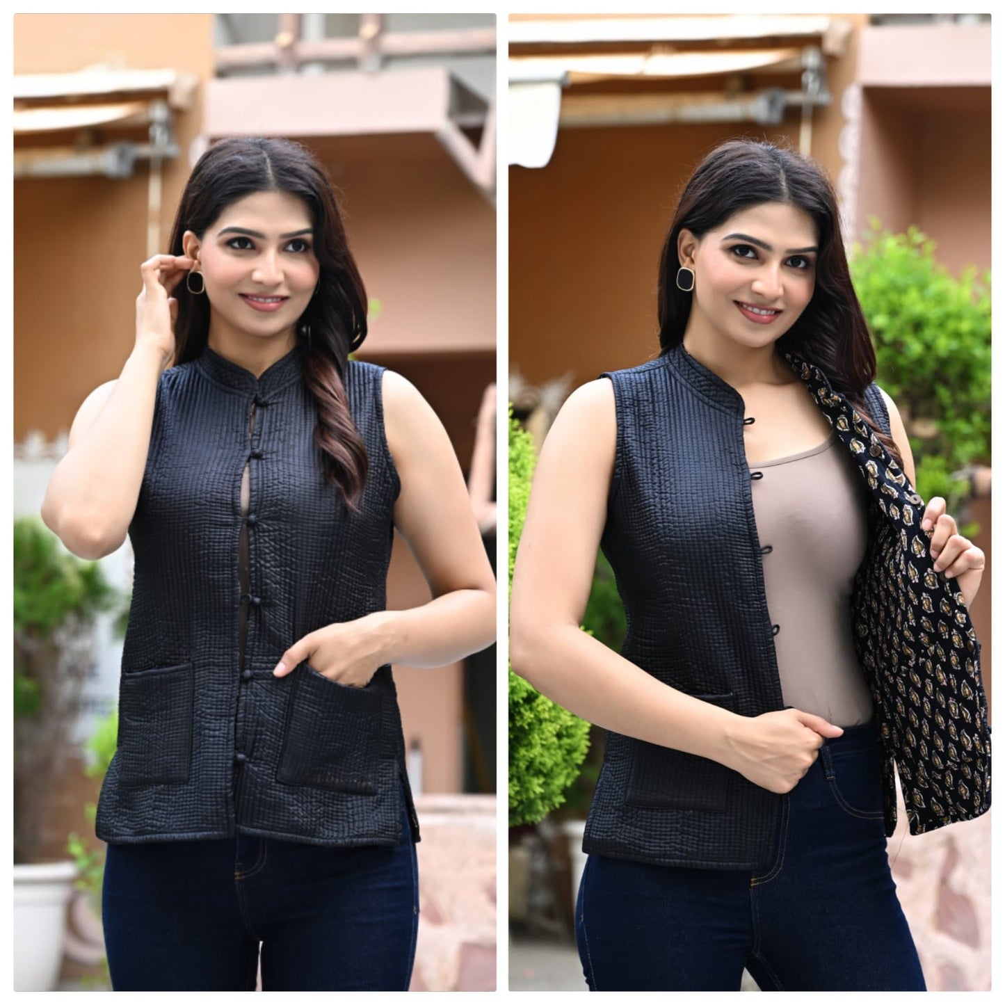 Jaipuri Reversible Quilted Cotton sleeveless Jacket for Women with Kapas Filling