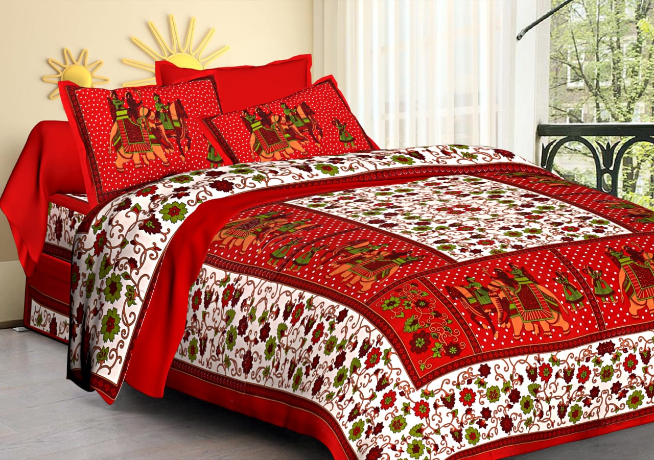 Jaipuri Screen Printed Cotton Double Bed Sheet with 2 Pillow Covers – 90x100 Size
